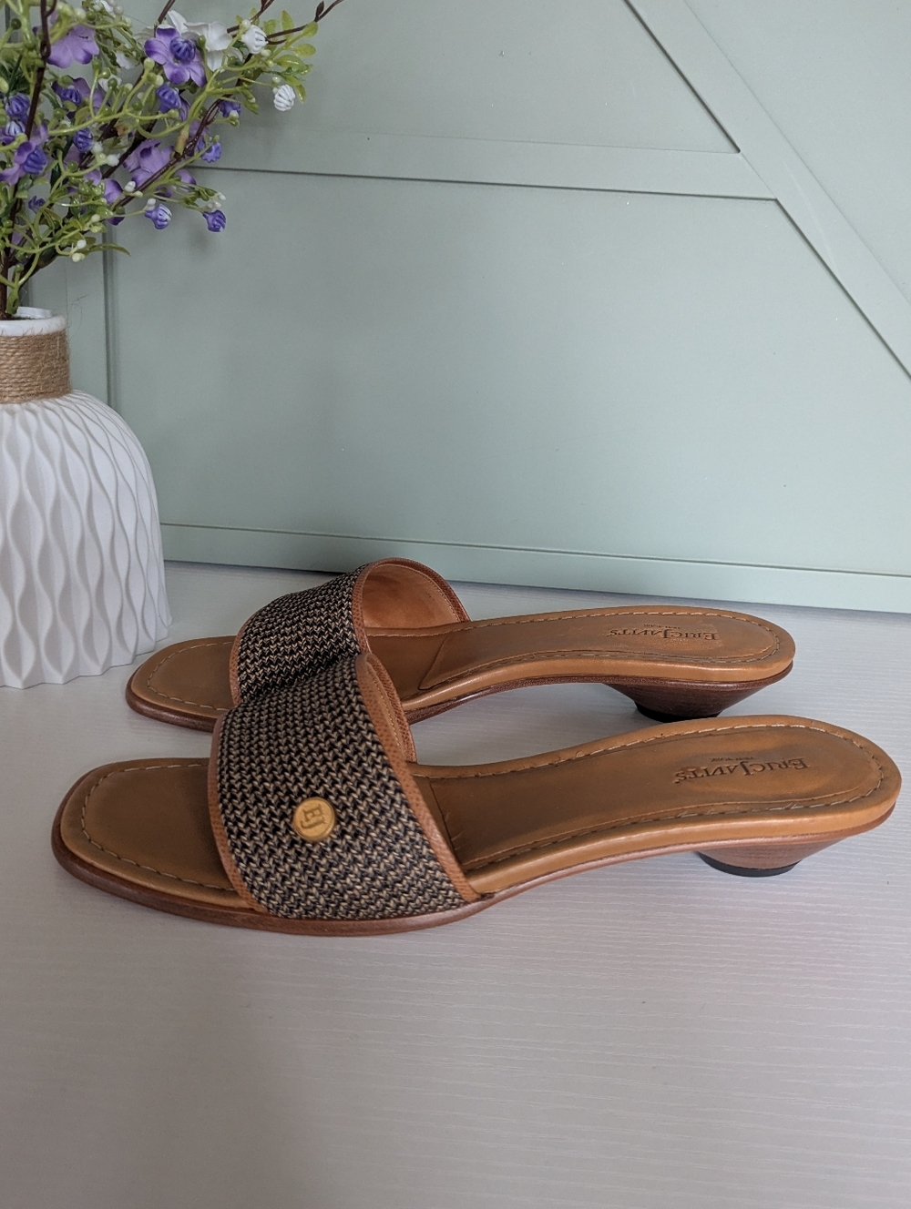 Eric Javits Bellport Signature Raffia Squishee Kitten Heel Slide Sandals